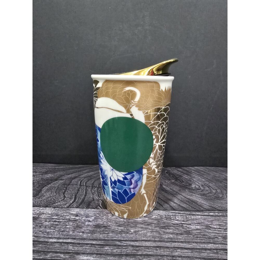 Starbucks 2014 Dot Collection Scarab Beetle Gold Ceramic Tumbler 12oz Mug EUC